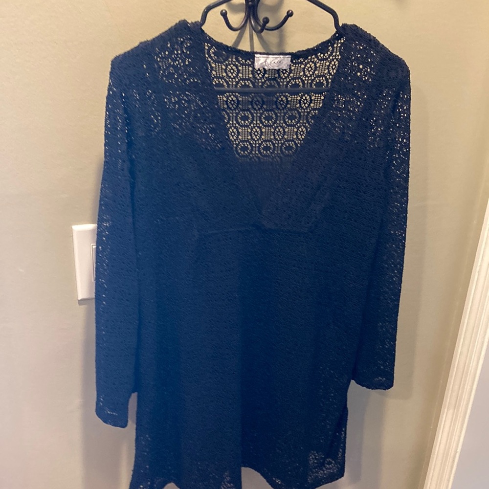 EUC J. Valdi Black Knit Caftan Tunic Style Swim Cover-up w/ Long Sleeves Sz S